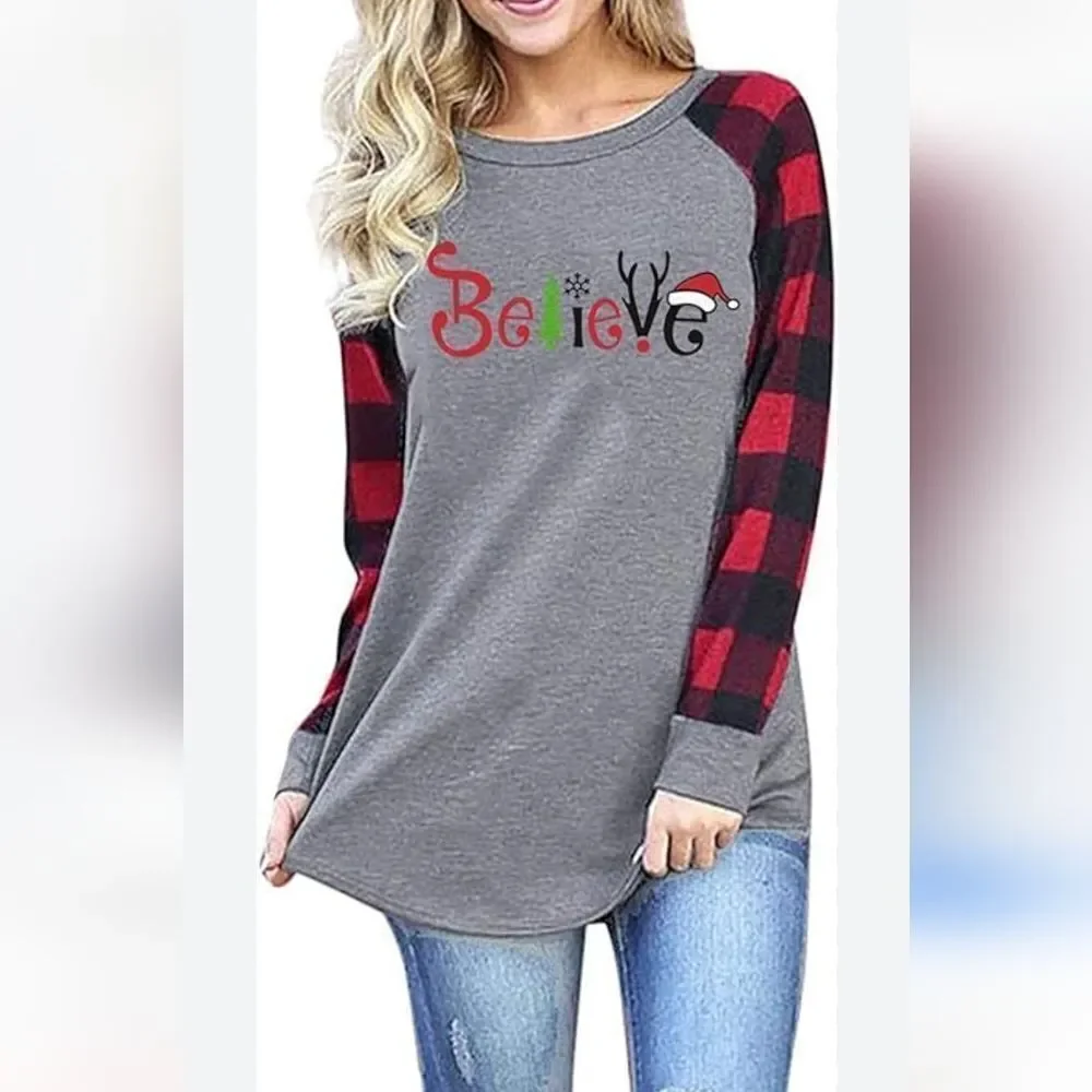 KIDDAD Merry and Bright Women's Christmas T- Shirt . Holiday, Baseball , Plaid